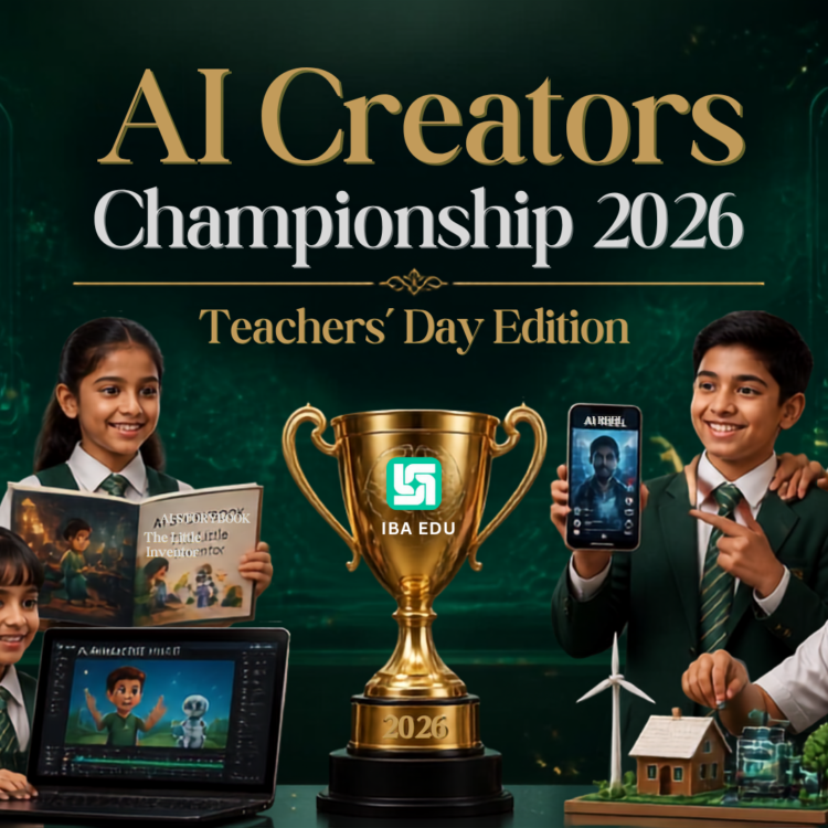 Students in green uniforms gather around a large gold trophy on a science-themed poster for AI Creators Championship 2026: Teachers' Day Edition (center stage)