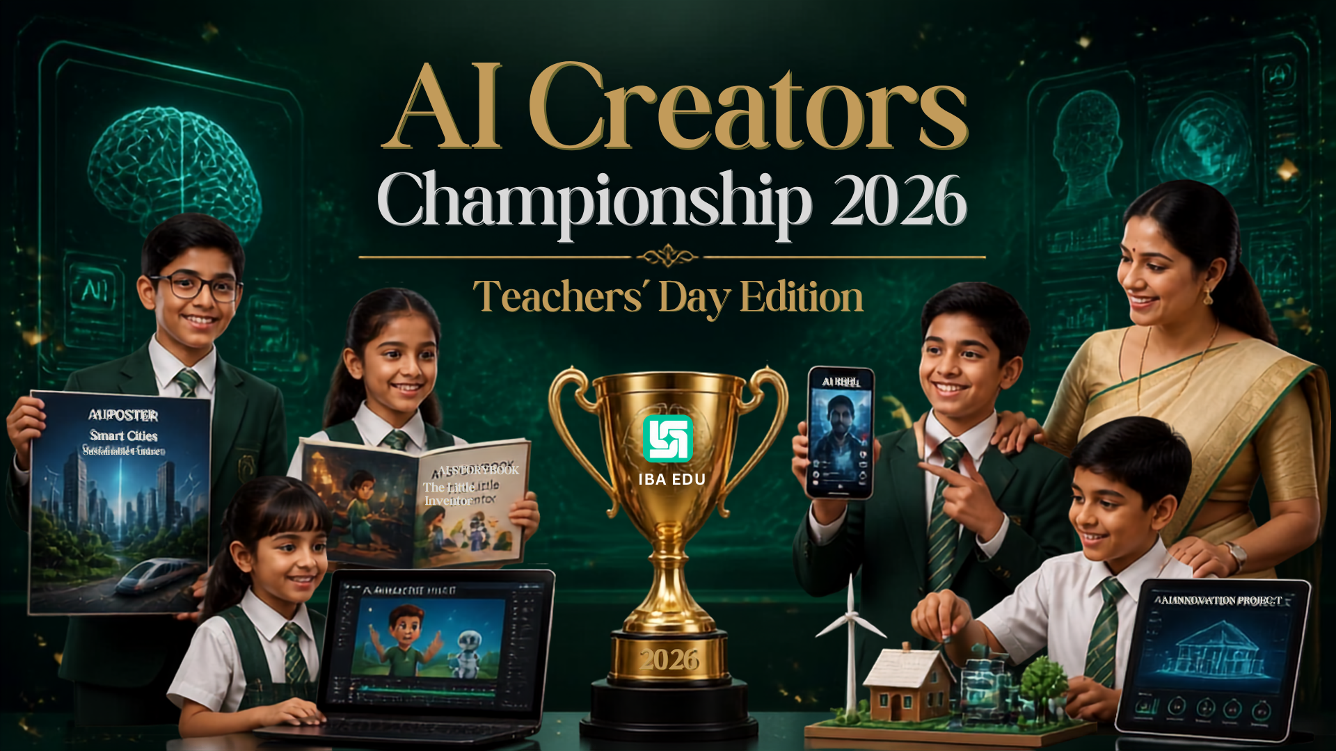 Students in green uniforms gather around a large gold trophy on a science themed poster for AI Creators Championship 2026 Teachers Day Edition center stage