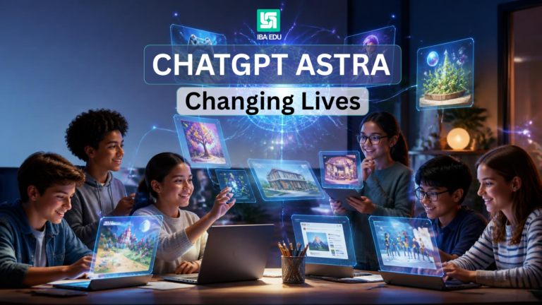 Group of diverse students around a table using laptops and hovering holographic screens in a futuristic classroom; banner reads 'CHATGPT ASTRA' and 'Changing Lives' with a logo above.