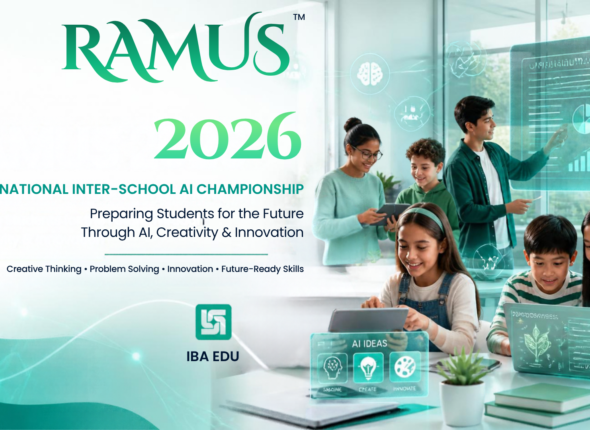 Banner promoting RAMUS 2026 National Inter-School AI Championship with students using tablets and a holographic AI interface in a modern classroom.