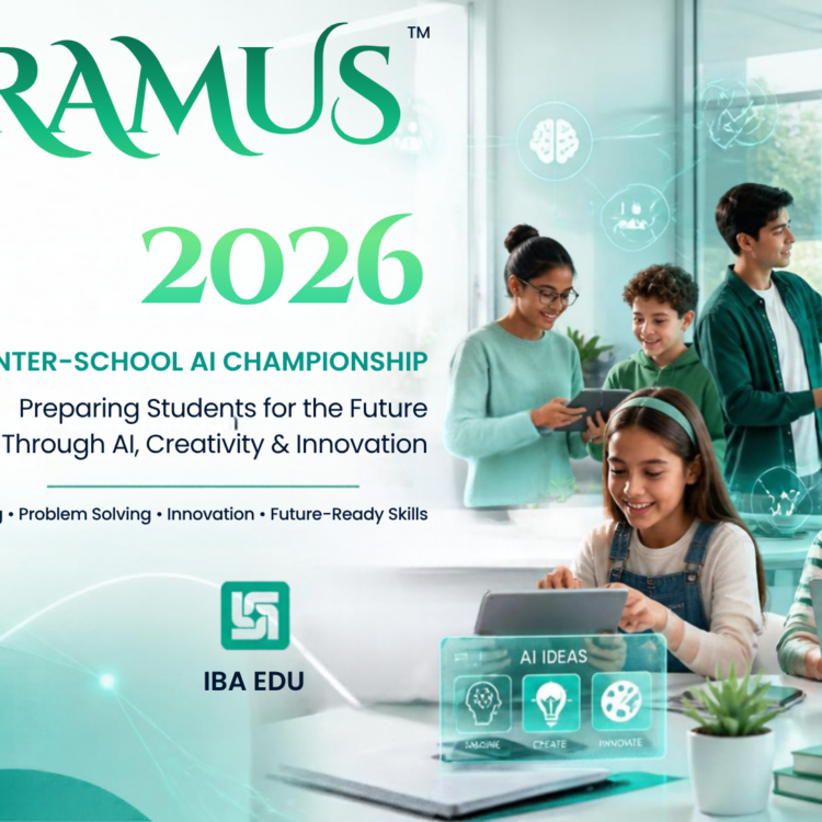 Banner promoting RAMUS 2026 National Inter-School AI Championship with students using tablets and a holographic AI interface in a modern classroom.