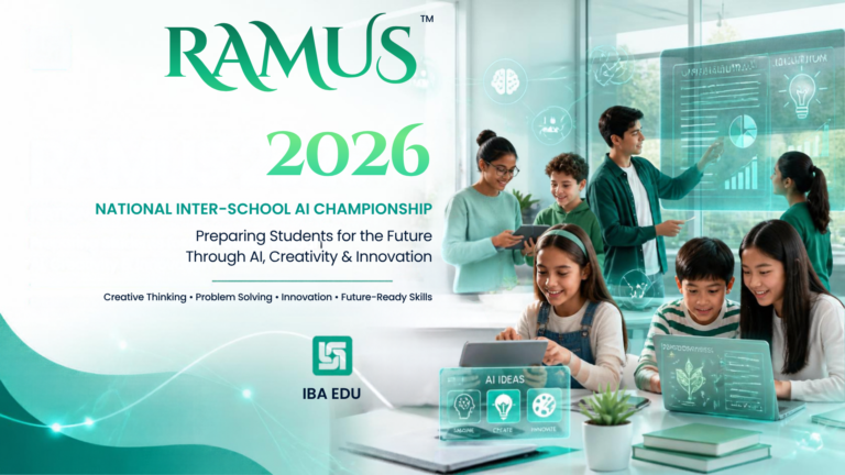 Banner promoting RAMUS 2026 National Inter-School AI Championship with students using tablets and a holographic AI interface in a modern classroom.