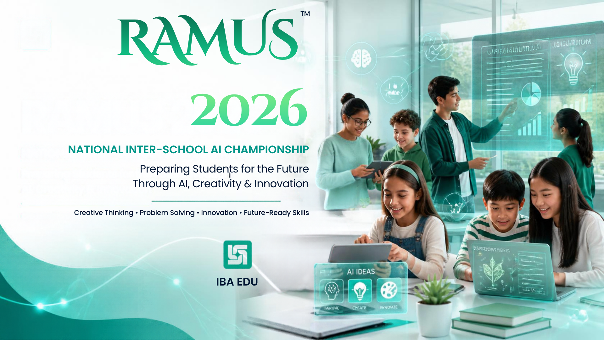 Banner promoting RAMUS 2026 National Inter School AI Championship with students using tablets and a holographic AI interface in a modern classroom