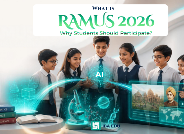 Students in uniform gather around a glowing holographic AI science display for RAMUS 2026 promotion.