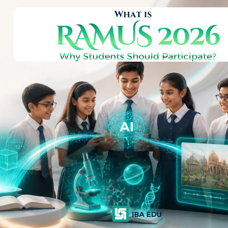 Students in uniform gather around a glowing holographic AI science display for RAMUS 2026 promotion.