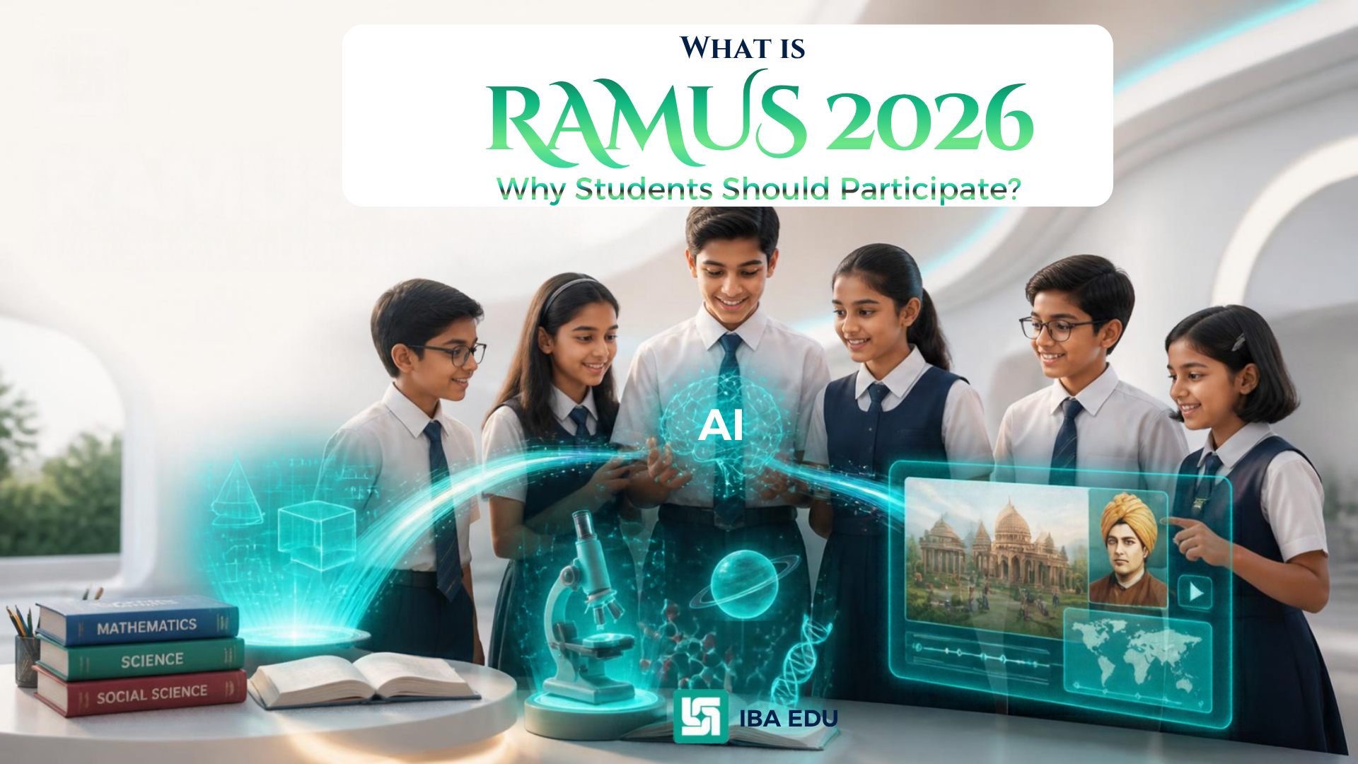 Students in uniform gather around a glowing holographic AI science display for RAMUS 2026 promotion
