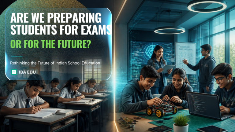 Split-screen banner: left side shows bold white and green title about exams vs. future; right side shows students in a modern classroom with laptops and a small robotics project.