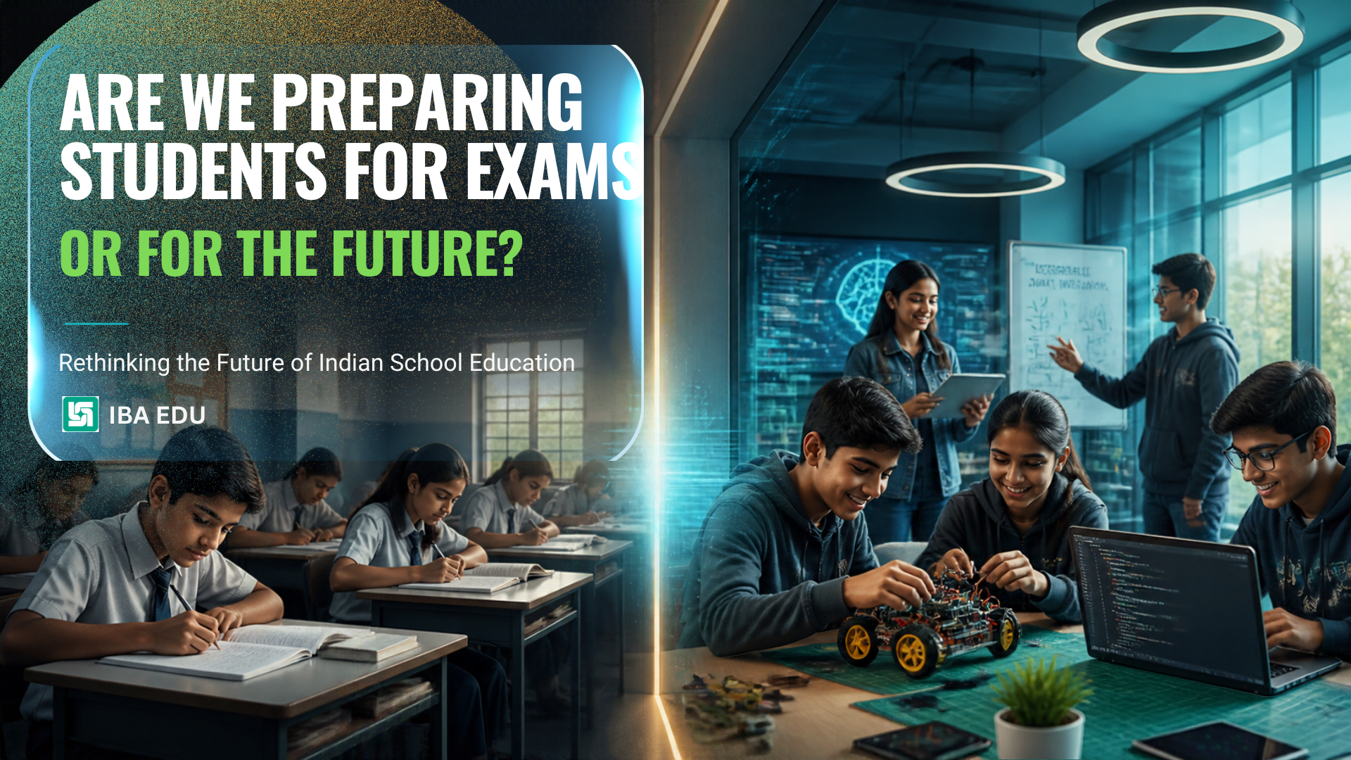 Split screen banner left side shows bold white and green title about exams vs future right side shows students in a modern classroom with laptops and a small robotics project