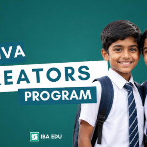 Banner promoting Canva Creators Program with two smiling schoolchildren in uniform against a teal background
