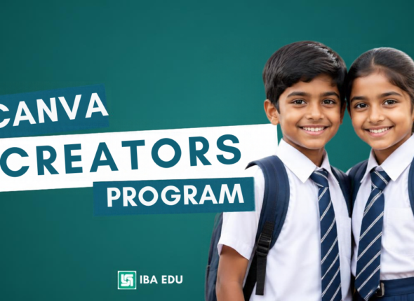 Banner promoting Canva Creators Program with two smiling schoolchildren in uniform against a teal background.
