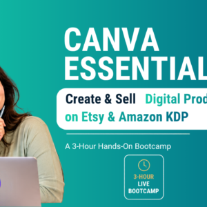 Banner promoting Canva Essentials bootcamp smiling woman with a laptop on teal gradient large CANVA ESSENTIALS title and course details