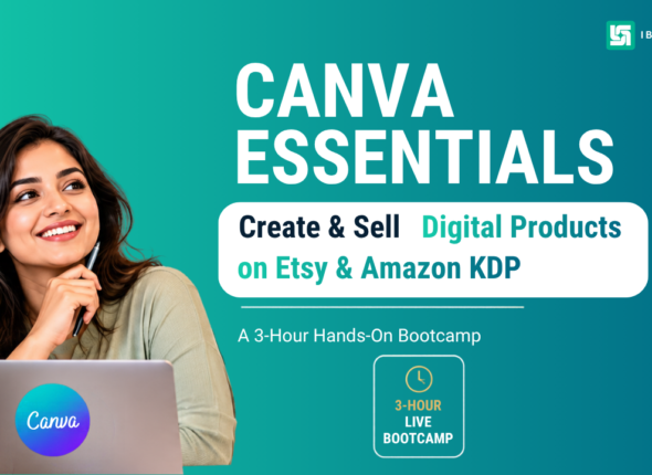 Banner promoting Canva Essentials bootcamp: smiling woman with a laptop on teal gradient, large CANVA ESSENTIALS title and course details.