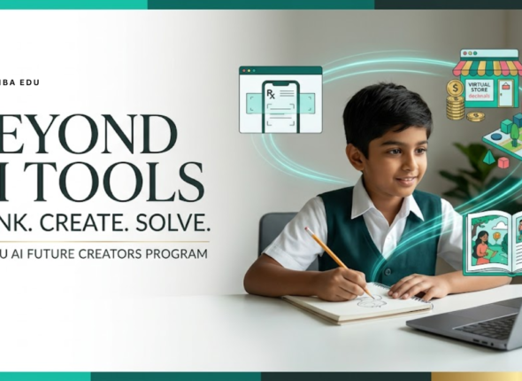 Promotional banner for IBA EDU's AI Future Creators Program showing a student drawing at a laptop with AI-themed graphics.