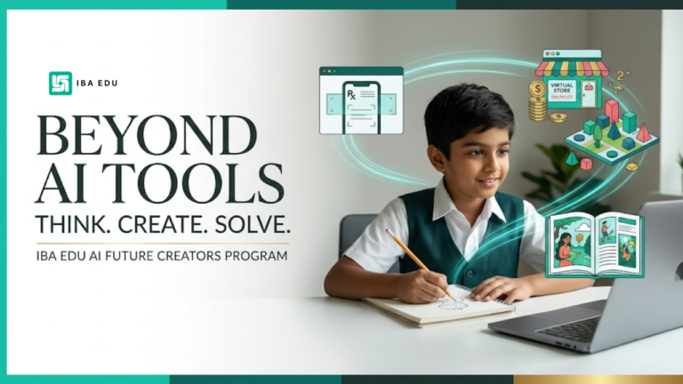 Promotional banner for IBA EDU's AI Future Creators Program showing a student drawing at a laptop with AI-themed graphics.