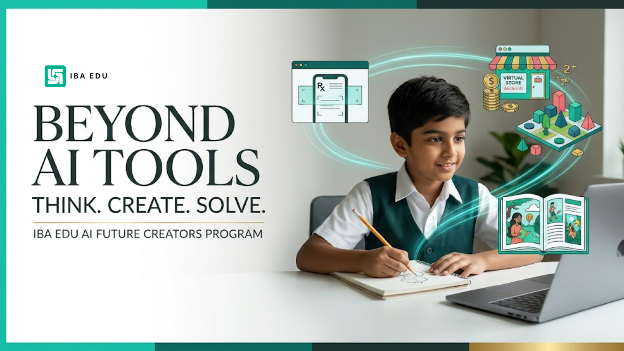 Promotional banner for IBA EDUs AI Future Creators Program showing a student drawing at a laptop with AI themed graphics
